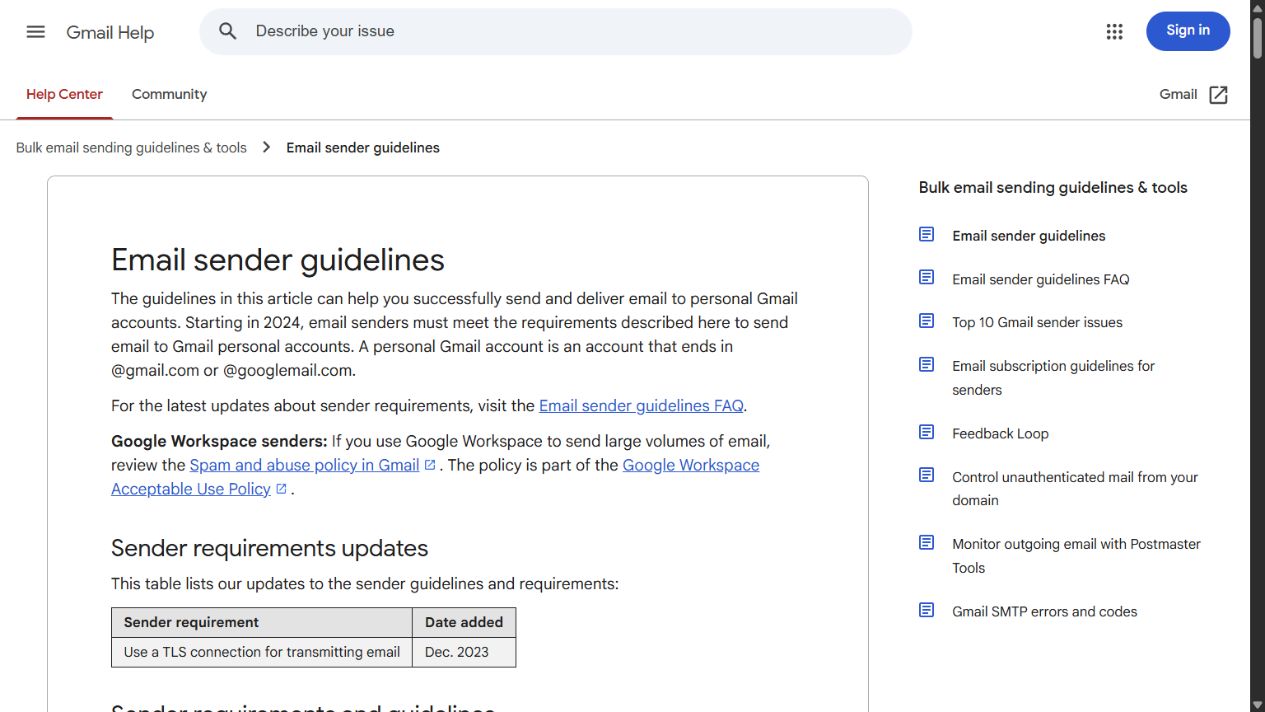 Google Gmail Help page showing the official email sender guidelines