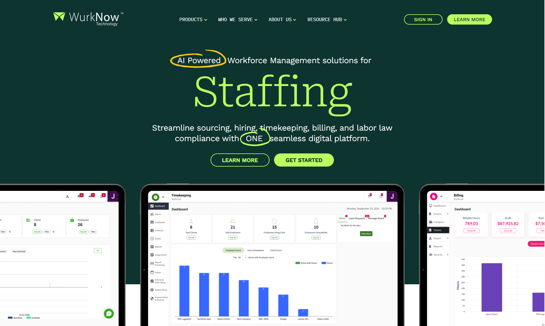 WurkNow homepage showing its staffing platform with ATS, timekeeping and billing screens